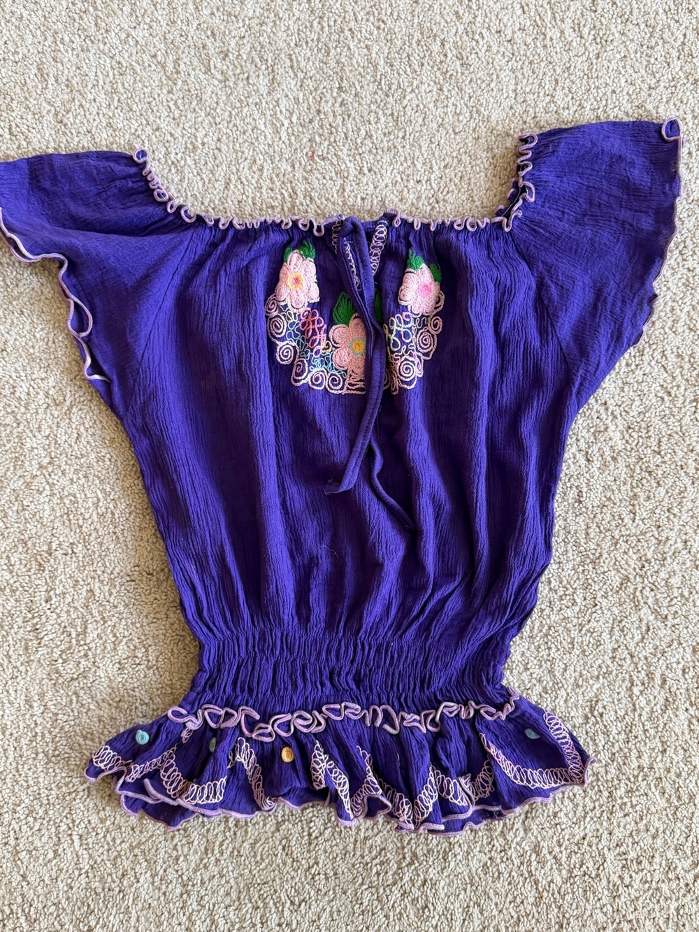 Purple Embroidered Flutter-Sleeve Blouse